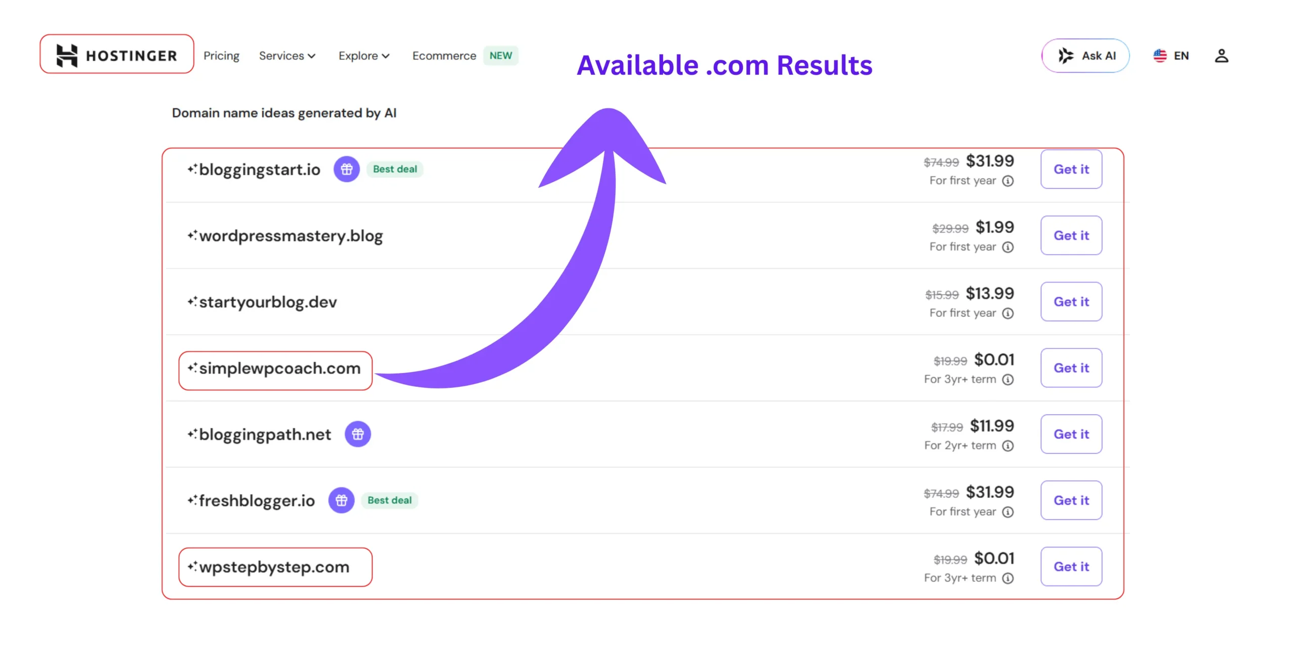 Hostinger AI domain name generator results showing available domain suggestions for a WordPress website using descriptive prompts.