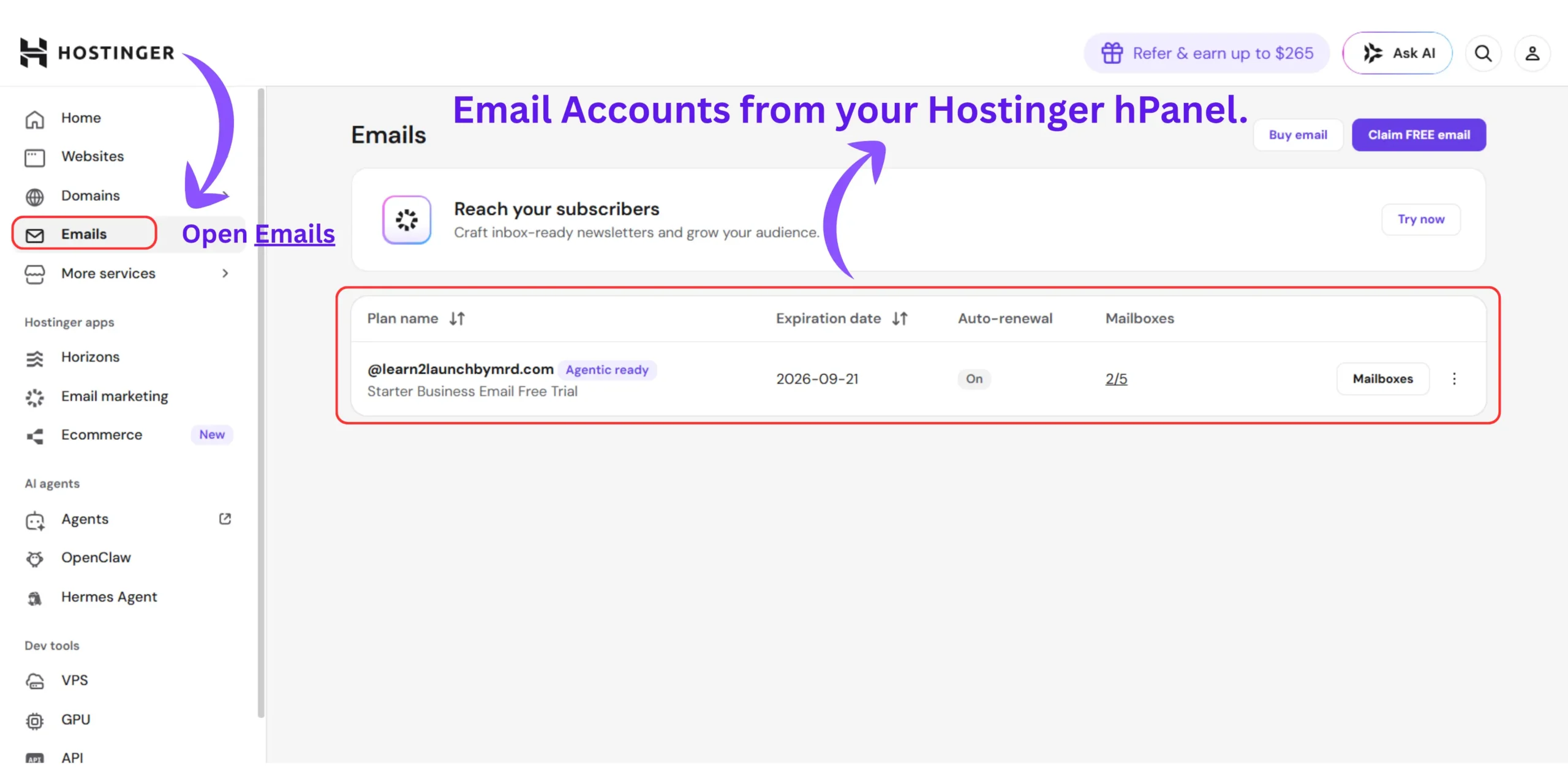 Hostinger hPanel Email Accounts section showing how to get a free professional email address with your own domain using Hostinger hosting.