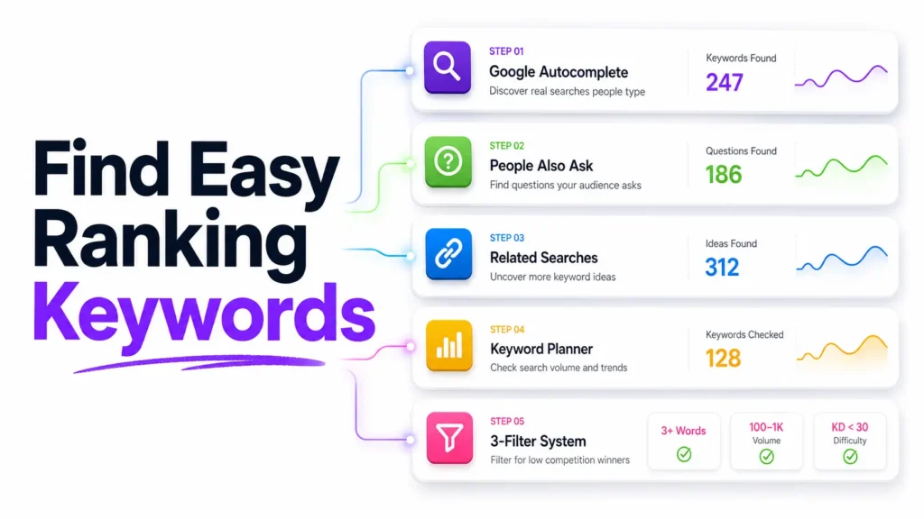 Featured image for a guide on how to do keyword research for a blog using free Google tools to find easy ranking keywords and grow organic traffic.