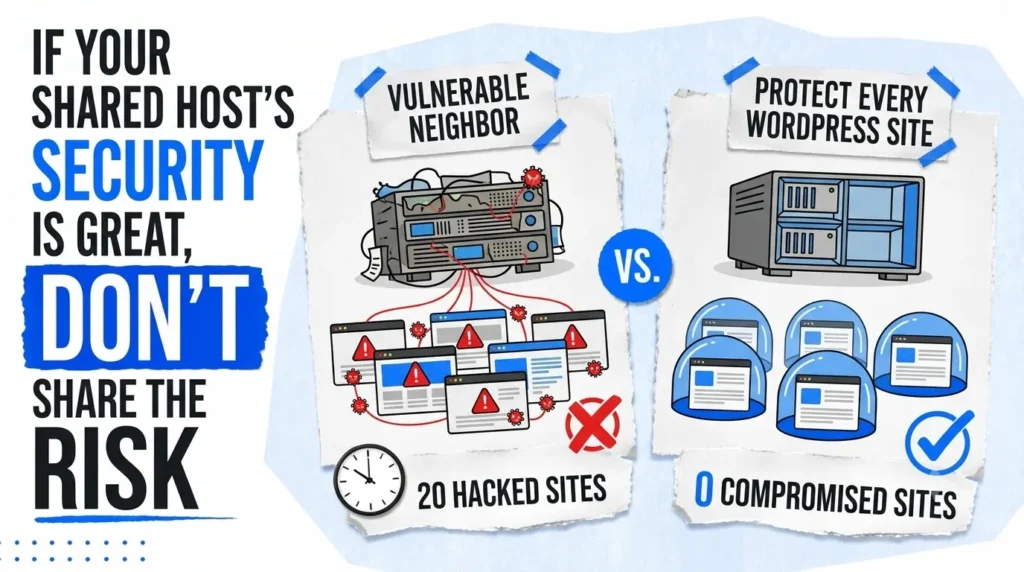 How to Isolate WordPress Sites on Shared Hosting guide showing multiple WordPress websites protected from shared hosting security risks and cross-site contamination.