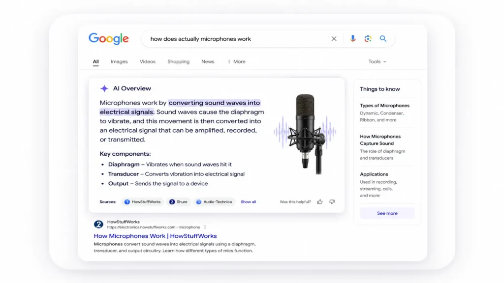 How to optimize blog posts for Google AI Overviews featured image showing a Google AI Overview search result with an AI citation card and Answer Engine Optimization (AEO) content structure.