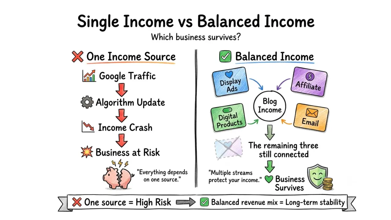 Comparison infographic showing the difference between relying on one blog income stream and using a balanced revenue mix for long-term blog monetization.