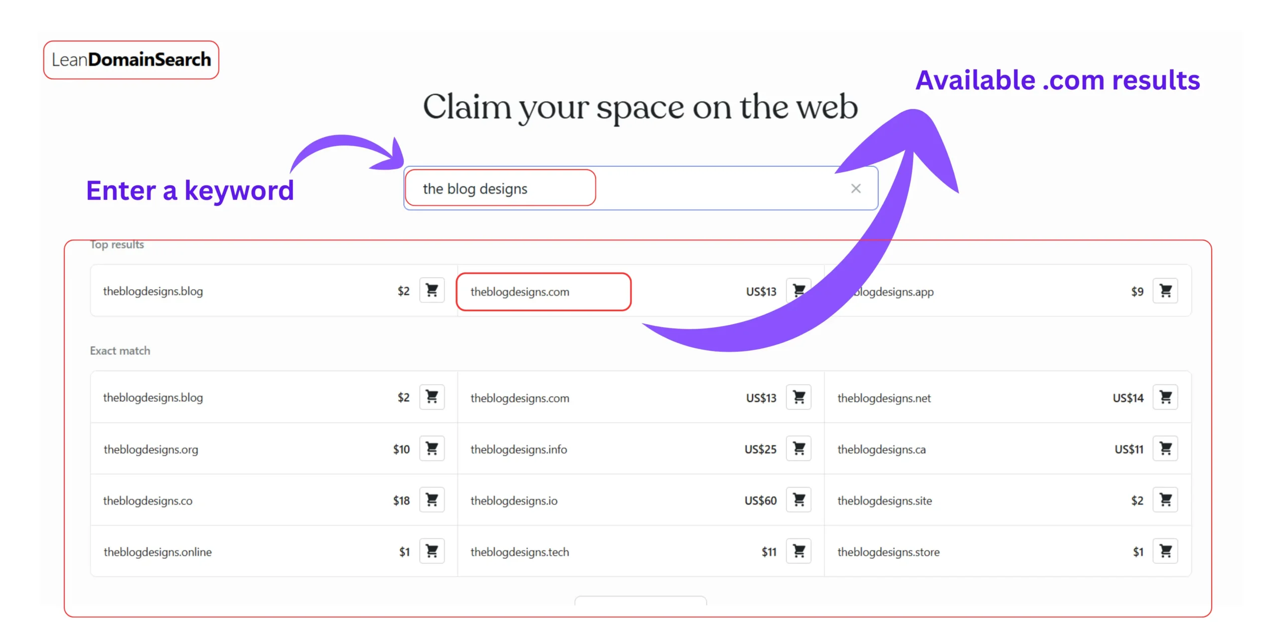 Lean Domain Search showing available .com domain suggestions for WordPress websites based on keyword combinations.