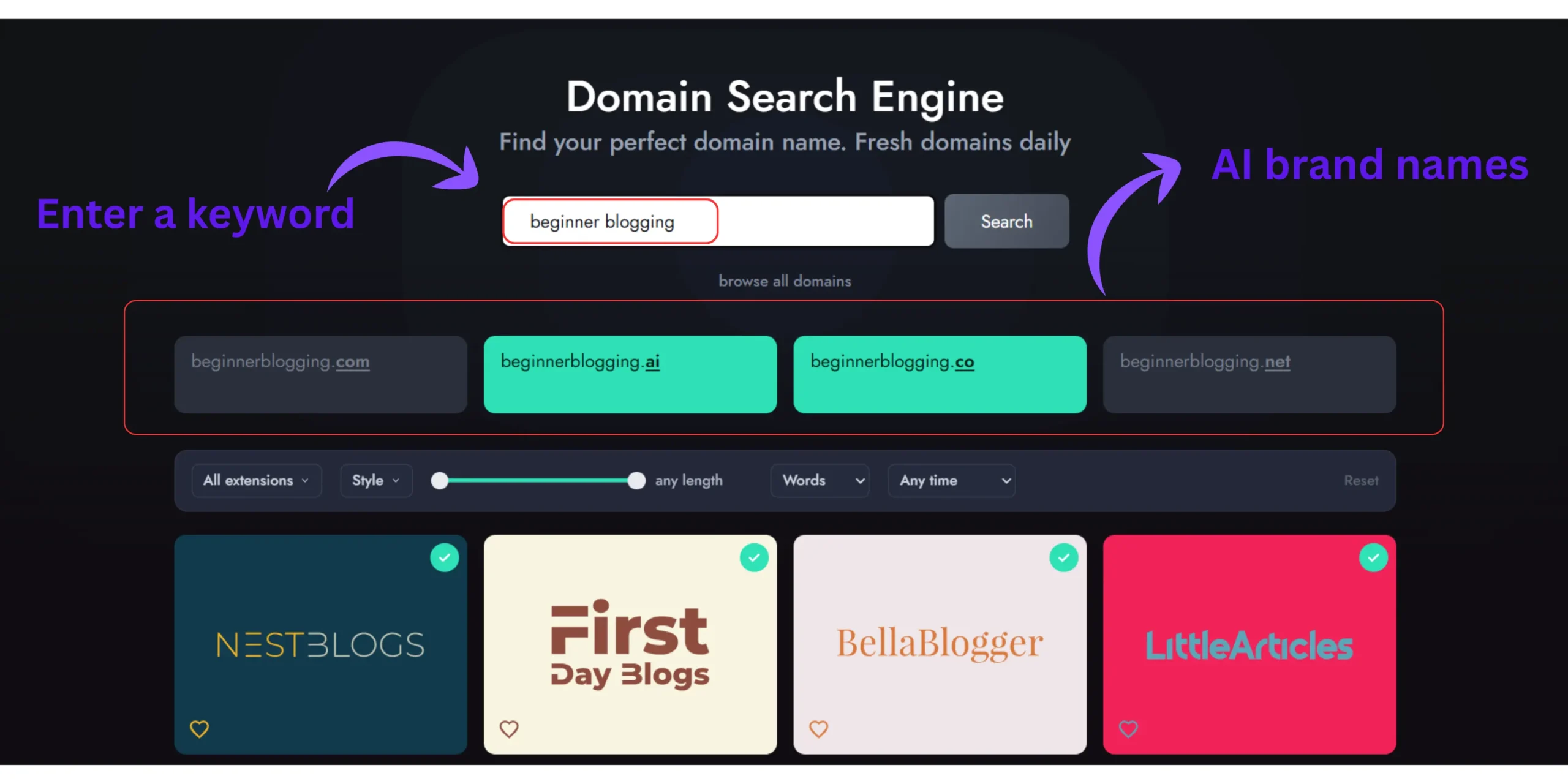 Namelix AI domain name generator creating short brandable domain names for WordPress websites.