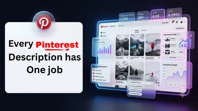 Featured blog image showing a modern Pinterest dashboard interface highlighting analytics such as outbound clicks, saves, CTR, and keyword performance alongside the headline “Your Pinterest Descriptions Are Costing You Clicks” to represent Pinterest SEO optimization and click improvement strategy.