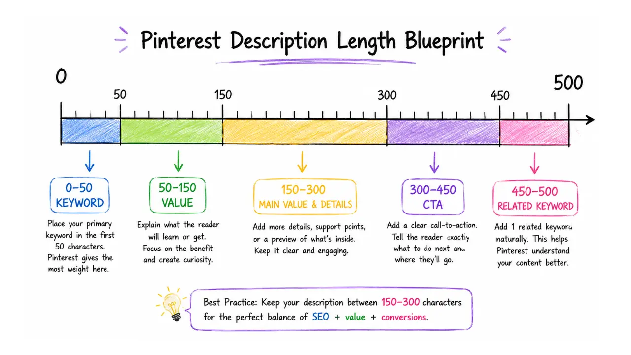 Pinterest description length blueprint infographic showing the ideal keyword placement, value section, CTA, and related keyword distribution across a 500-character Pinterest pin description.