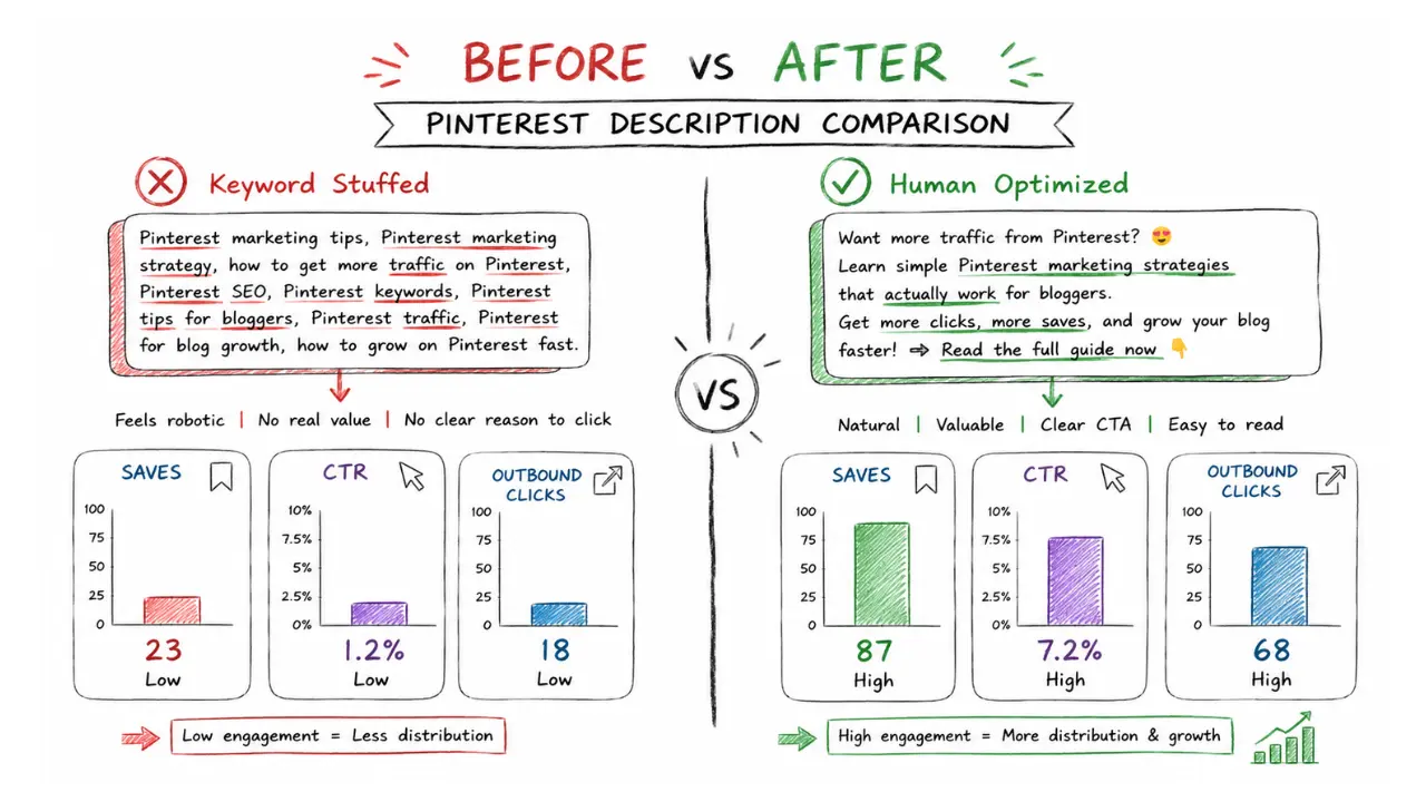 Before vs after Pinterest pin description comparison showing keyword-stuffed versus human-optimized descriptions with hand-drawn bar charts comparing saves, CTR, and outbound clicks.