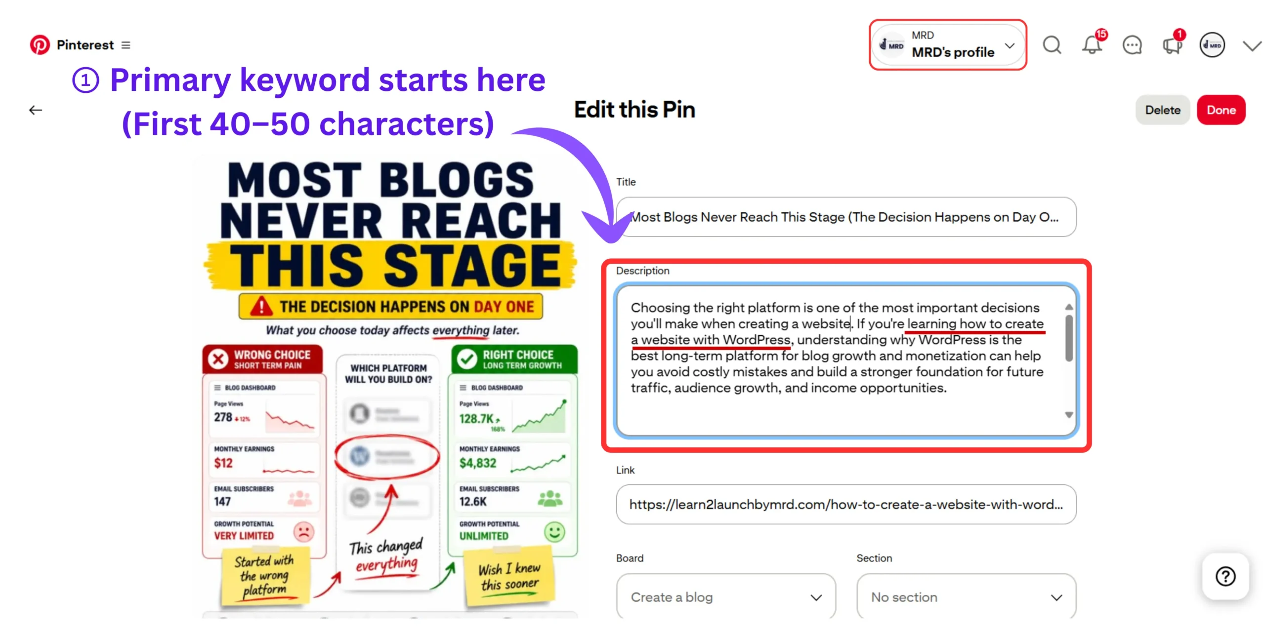 Pinterest Pin editor showing the description field with the primary keyword placed naturally in the opening 40–50 characters for better Pinterest SEO.