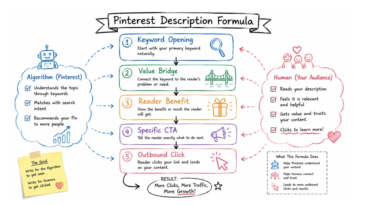 Hand-drawn flowchart showing the Pinterest pin description formula with keyword opening, value bridge, reader benefit, specific call to action, and outbound click for writing Pinterest pin descriptions that drive more clicks.