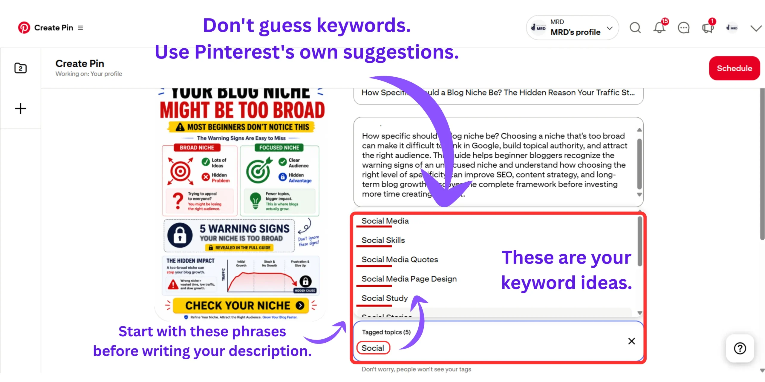 Pinterest search autocomplete suggestions showing keyword ideas for Pinterest pin descriptions and search intent research.