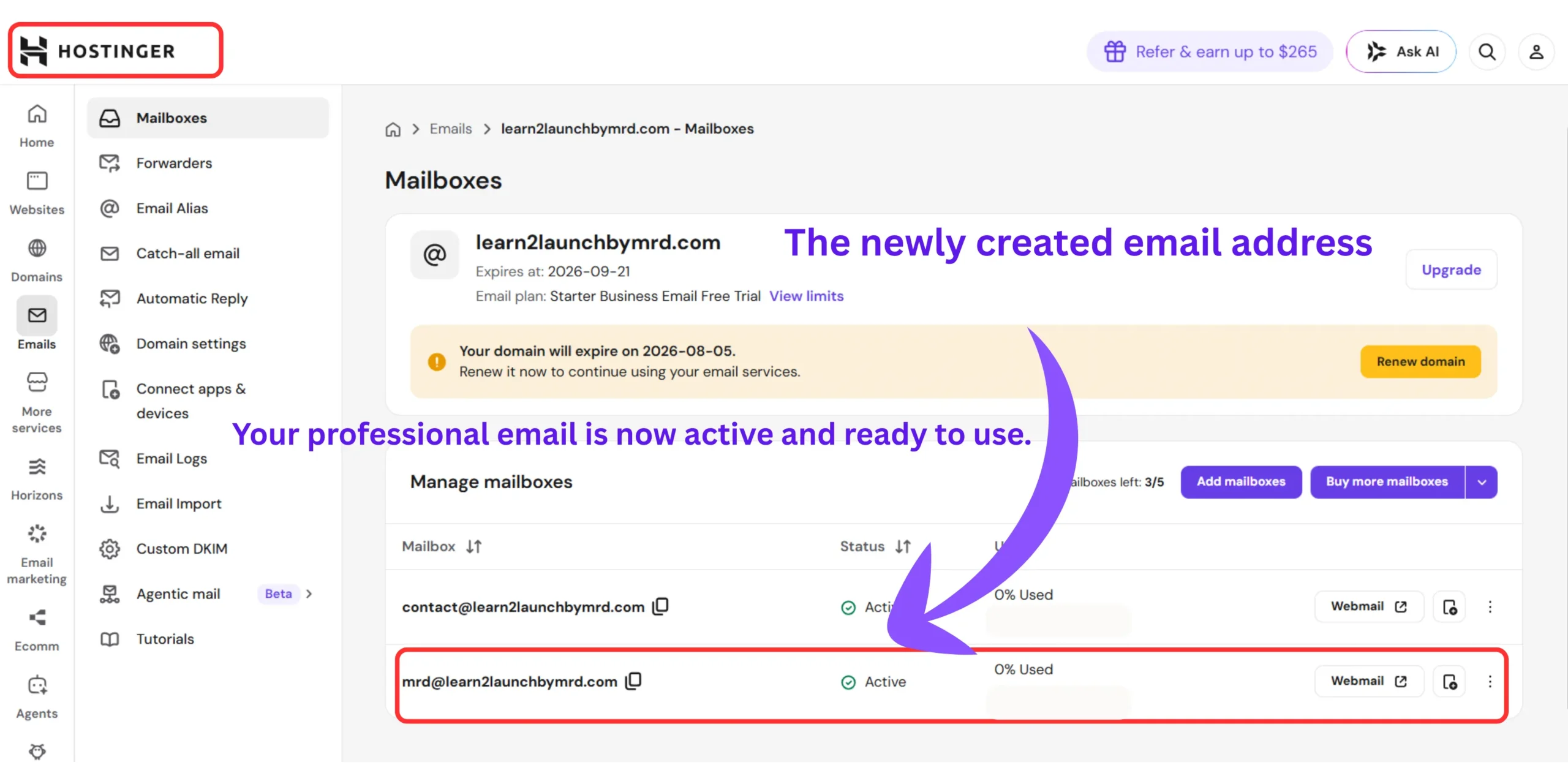 Successfully created professional email address with your own domain inside Hostinger Email Accounts dashboard.