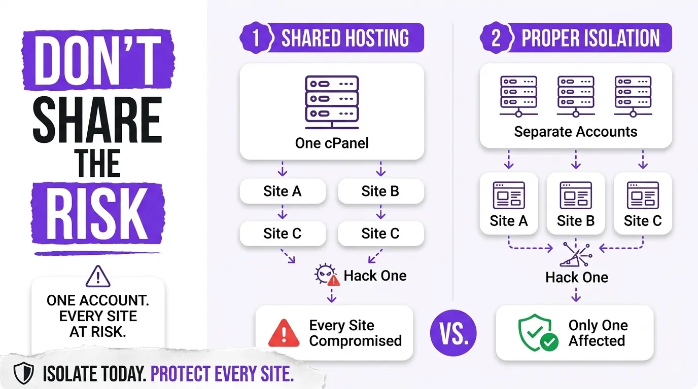 Comparison between multiple WordPress sites sharing one hosting account and fully isolated hosting accounts with reduced security risk.