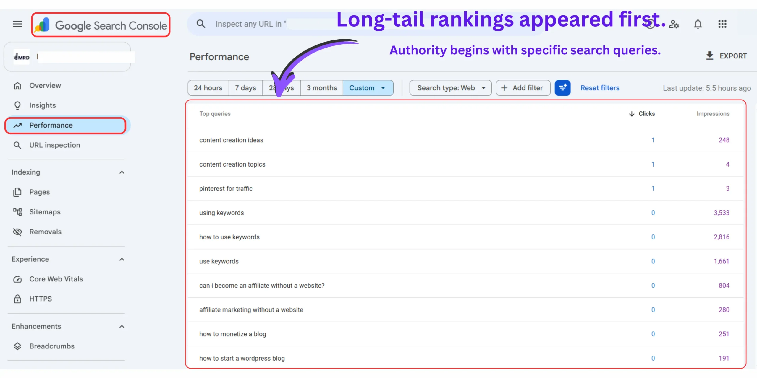 Google Search Console search queries proving long-tail keyword growth during the first year of blogging.