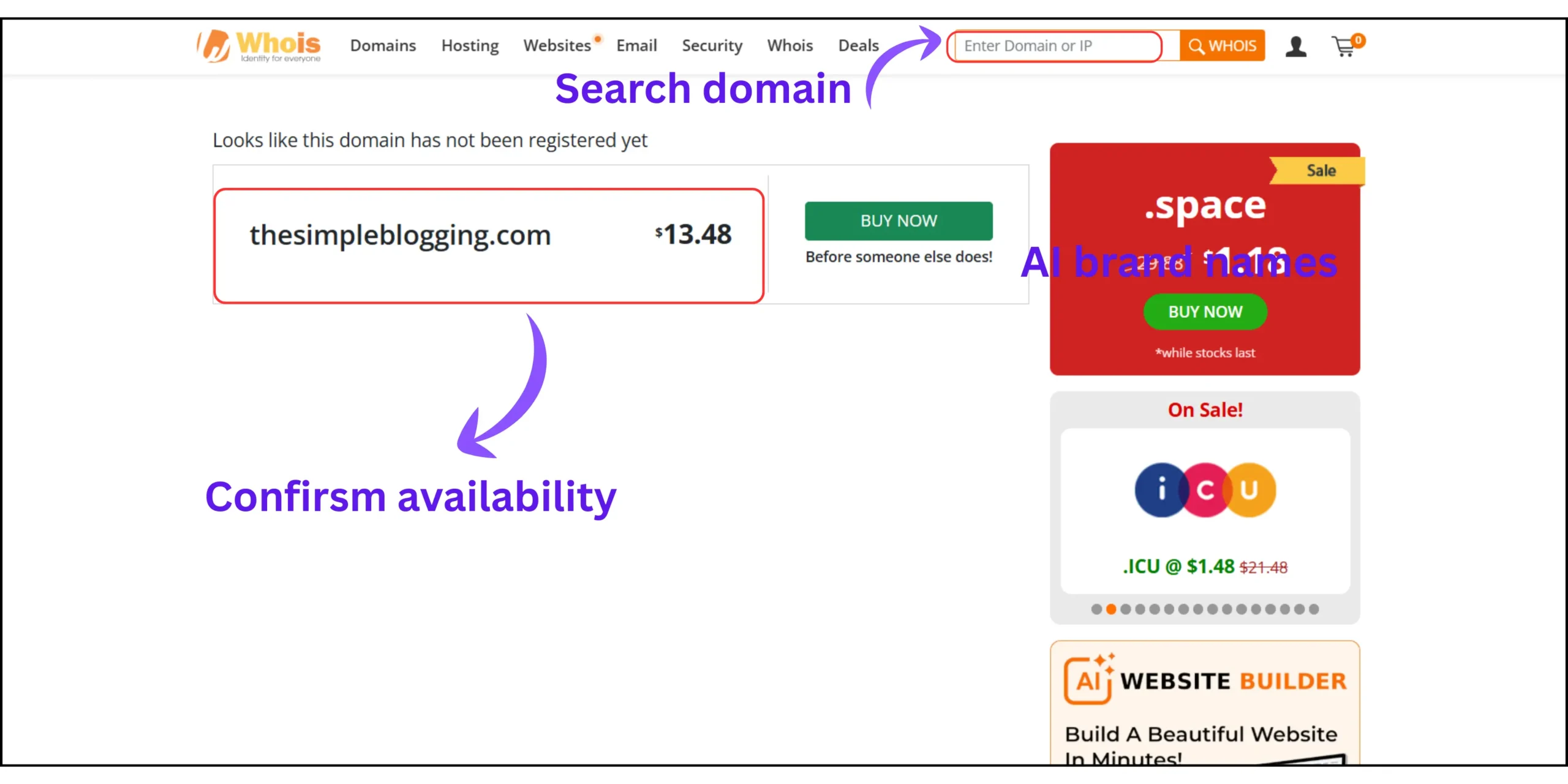 WHOIS lookup showing how to check .com domain availability before registering a WordPress website domain.