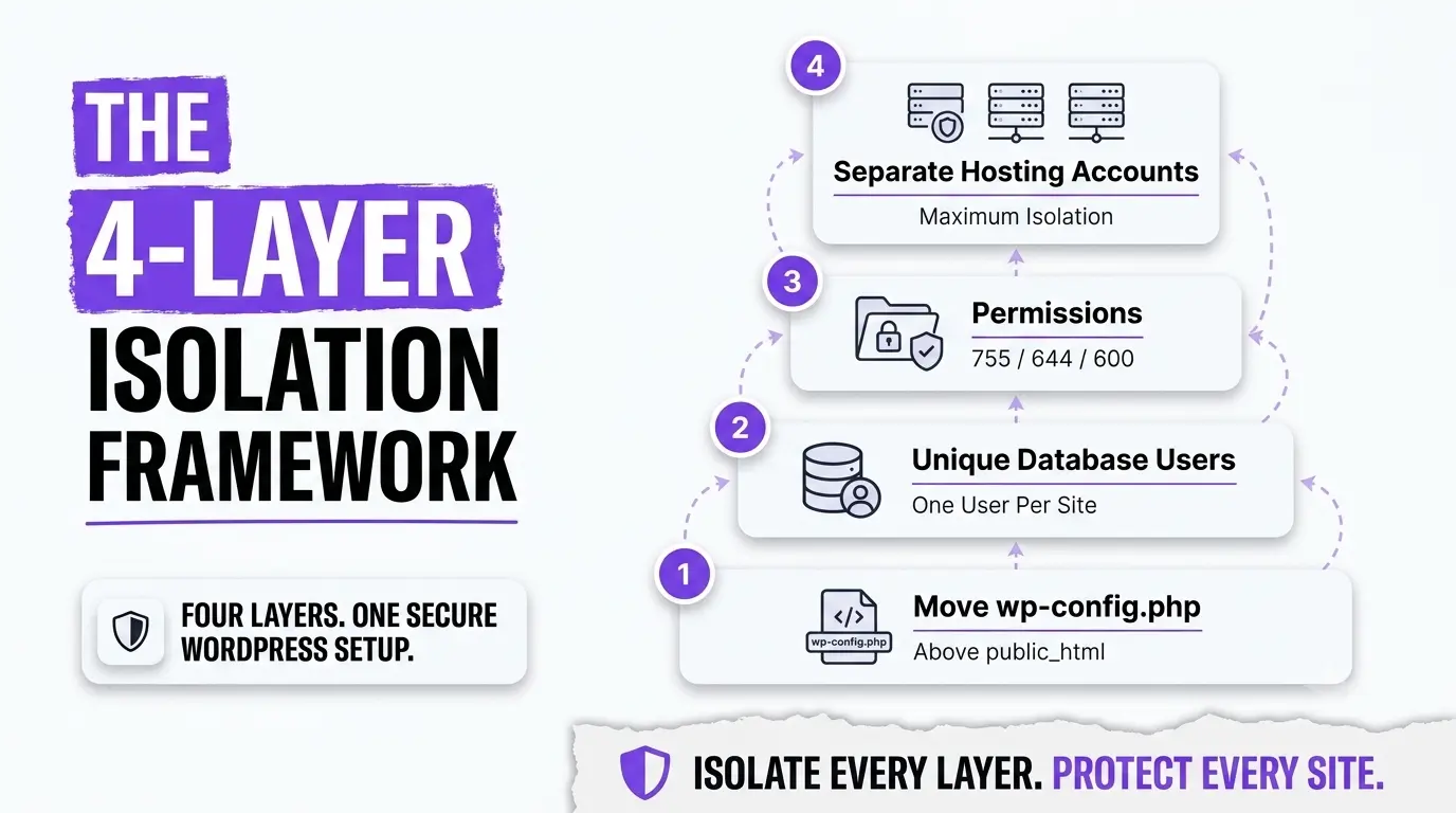 Four-layer WordPress isolation framework showing wp-config isolation, unique database users, file permissions, and separate hosting accounts.