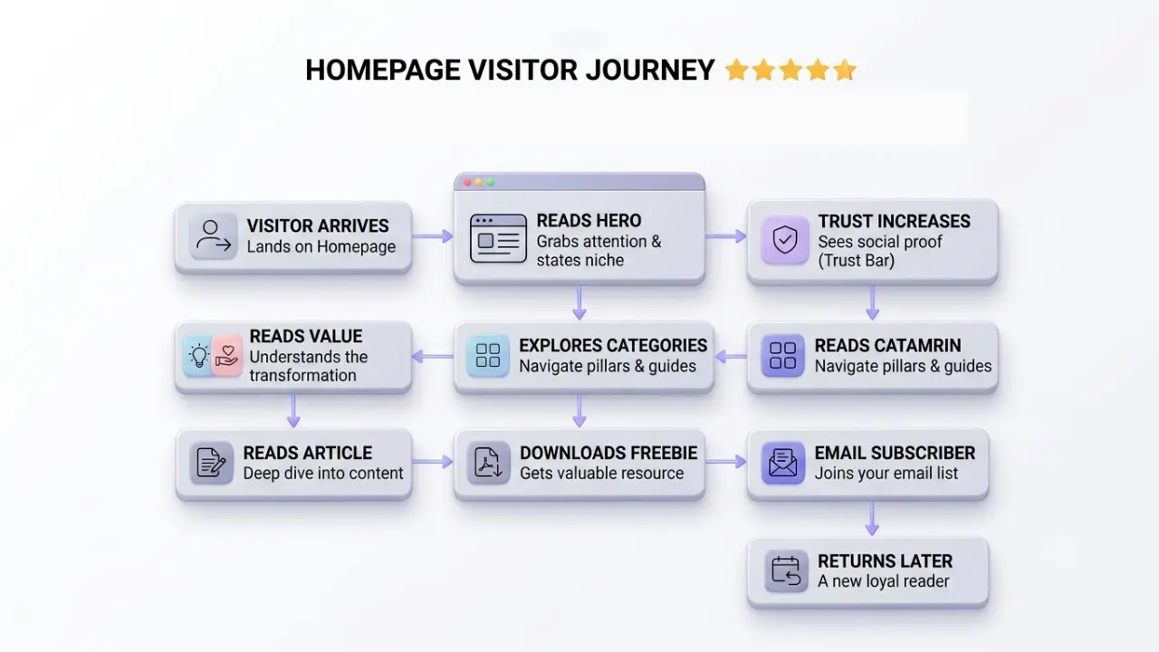 Visitor journey funnel infographic illustrating how a WordPress homepage guides users from first visit through trust building, content discovery, email subscription, and long-term engagement.