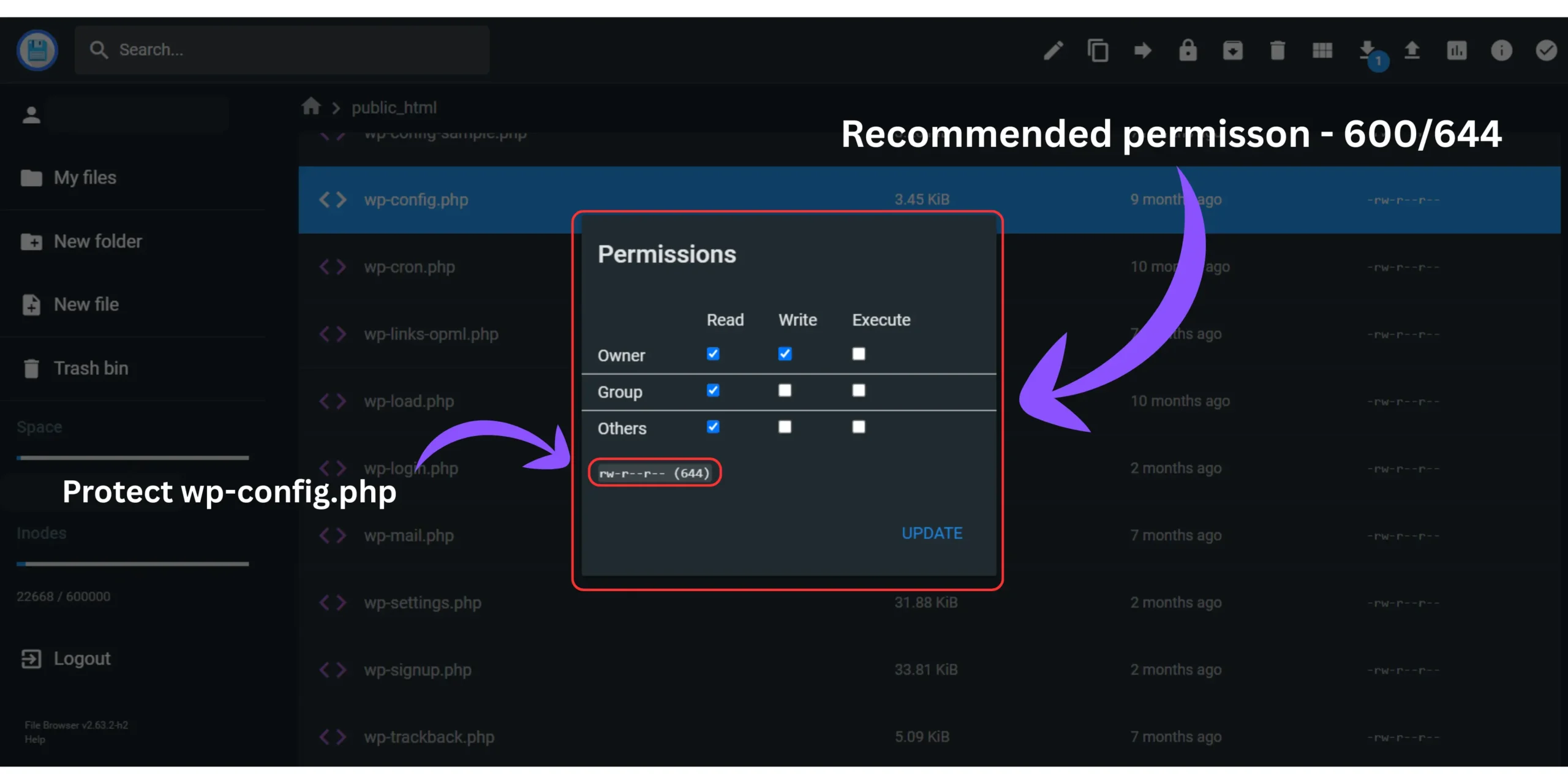WordPress wp-config.php file permissions set to 600 for improved shared hosting security and secure WordPress file access.