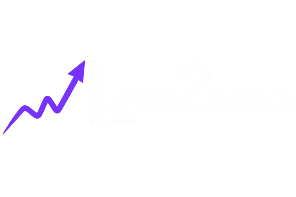Lern2launchby mrd logo- White text with purple growth arrow on transparent background