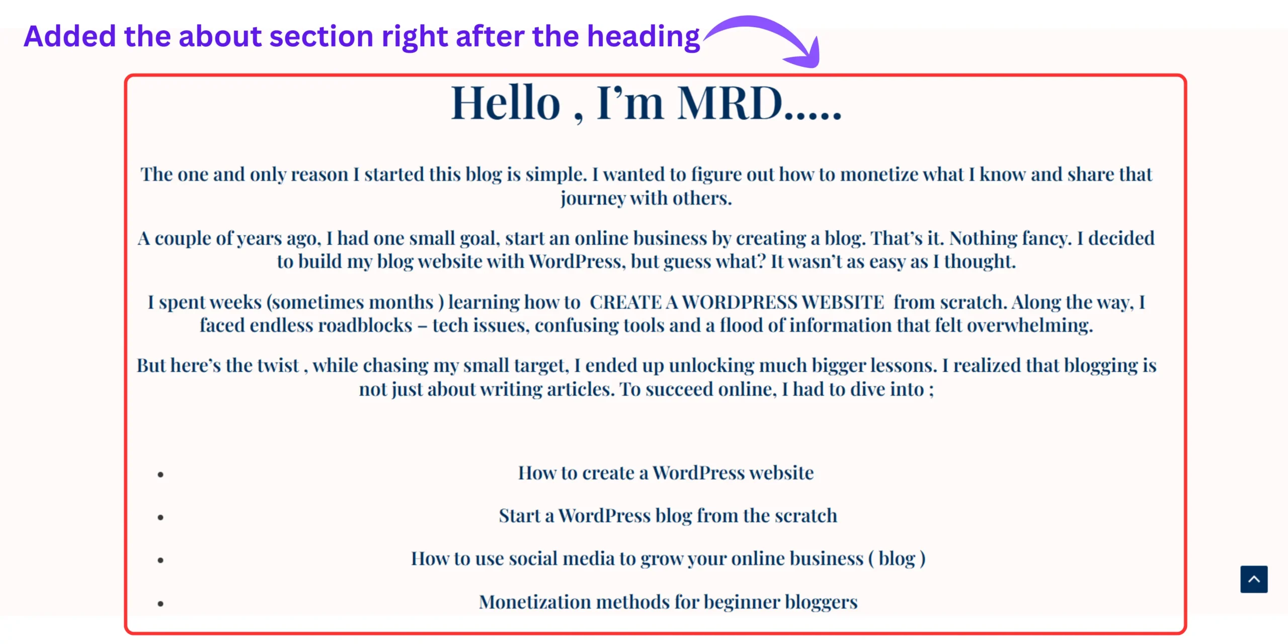How to design a blog homepage in WordPress without coding- my first homepage's screenshot