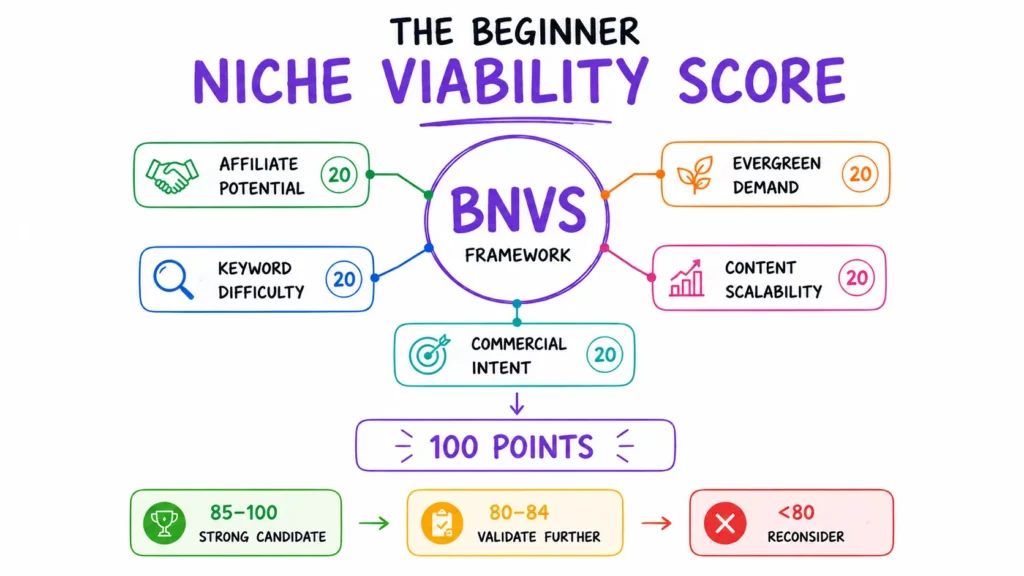 Low competition high income blog niches for beginners - Beginner Niche Viability Score (BNVS) framework showing five 20-point factors: affiliate potential, keyword difficulty, evergreen demand, content scalability, and commercial intent.