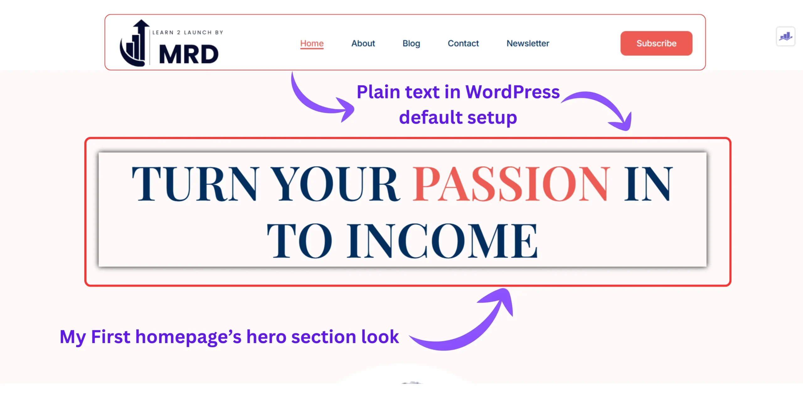 WordPress dashboard showing  my first homepage design that's unoptimized.
