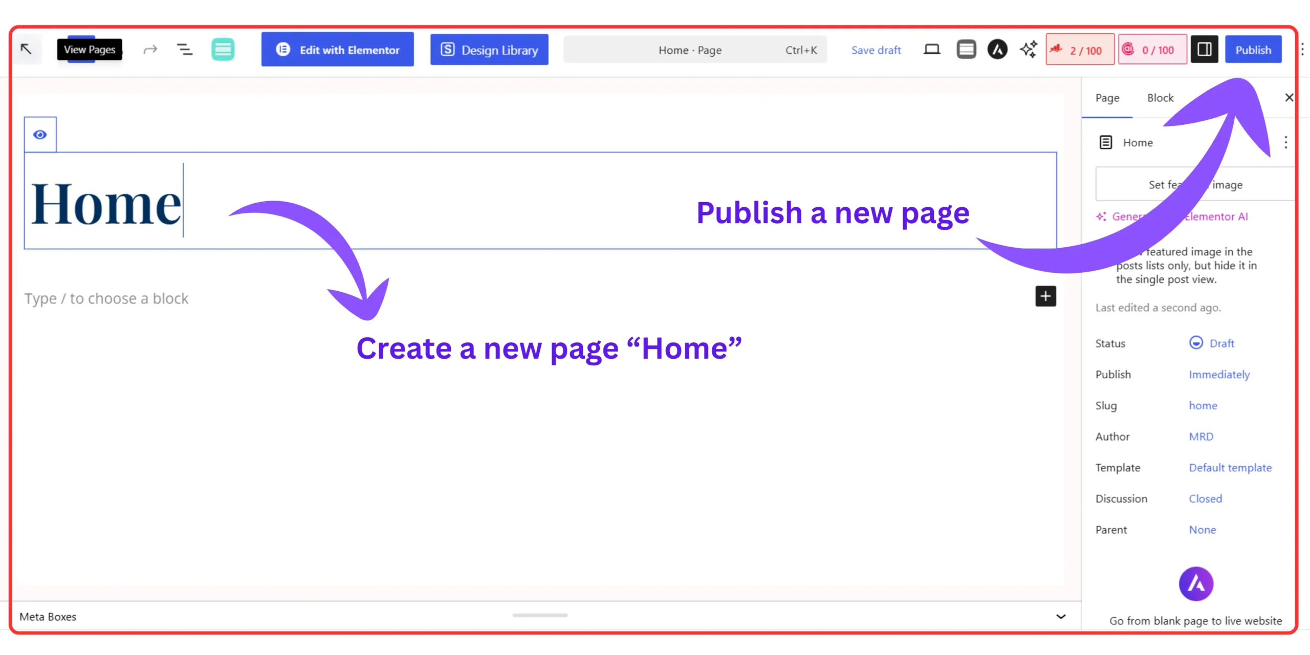 WordPress dashboard showing how to create a new page named Home before assigning it as the website's homepage.