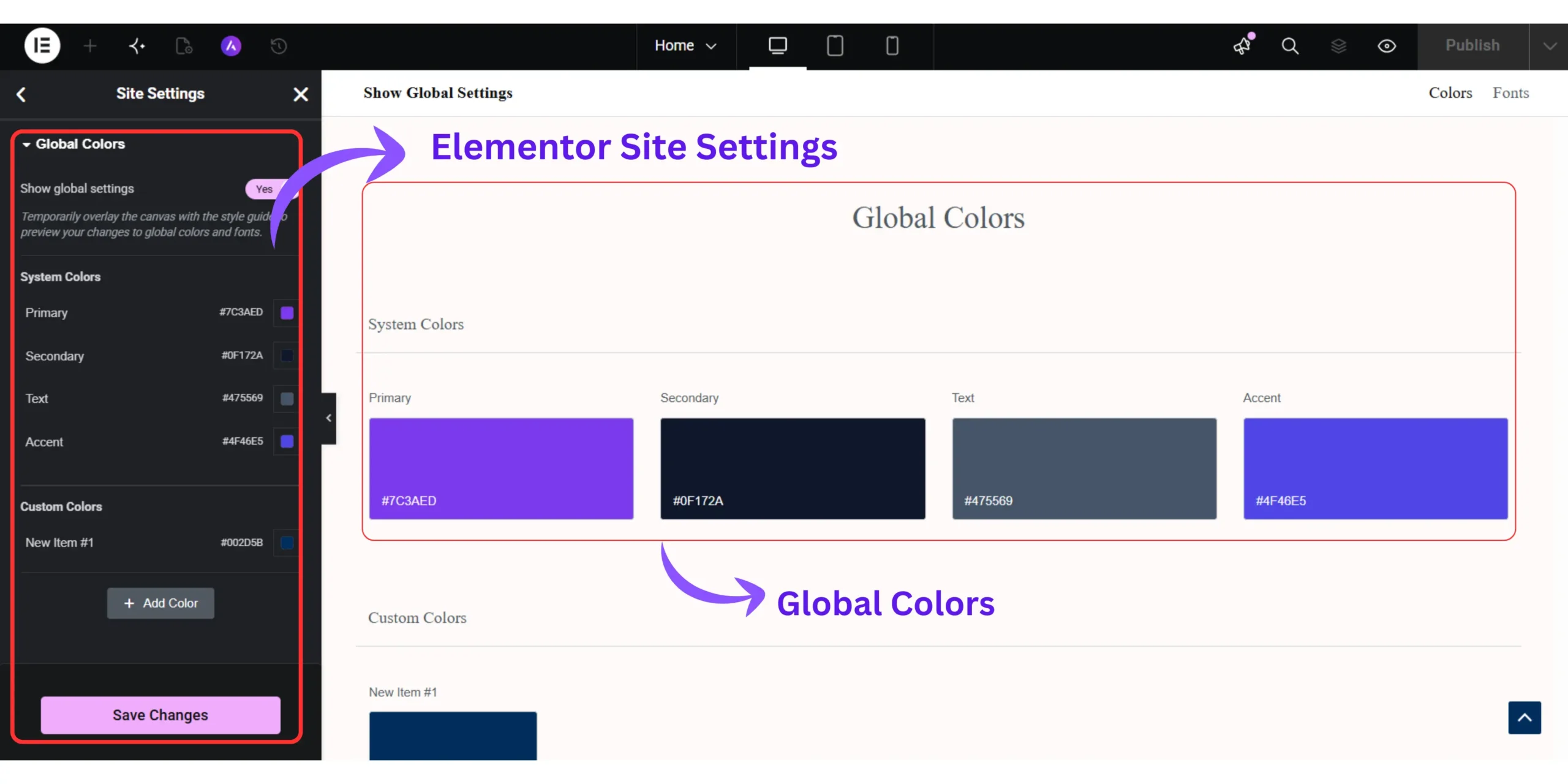 Elementor Site Settings showing Global Colors used for maintaining a consistent website design.