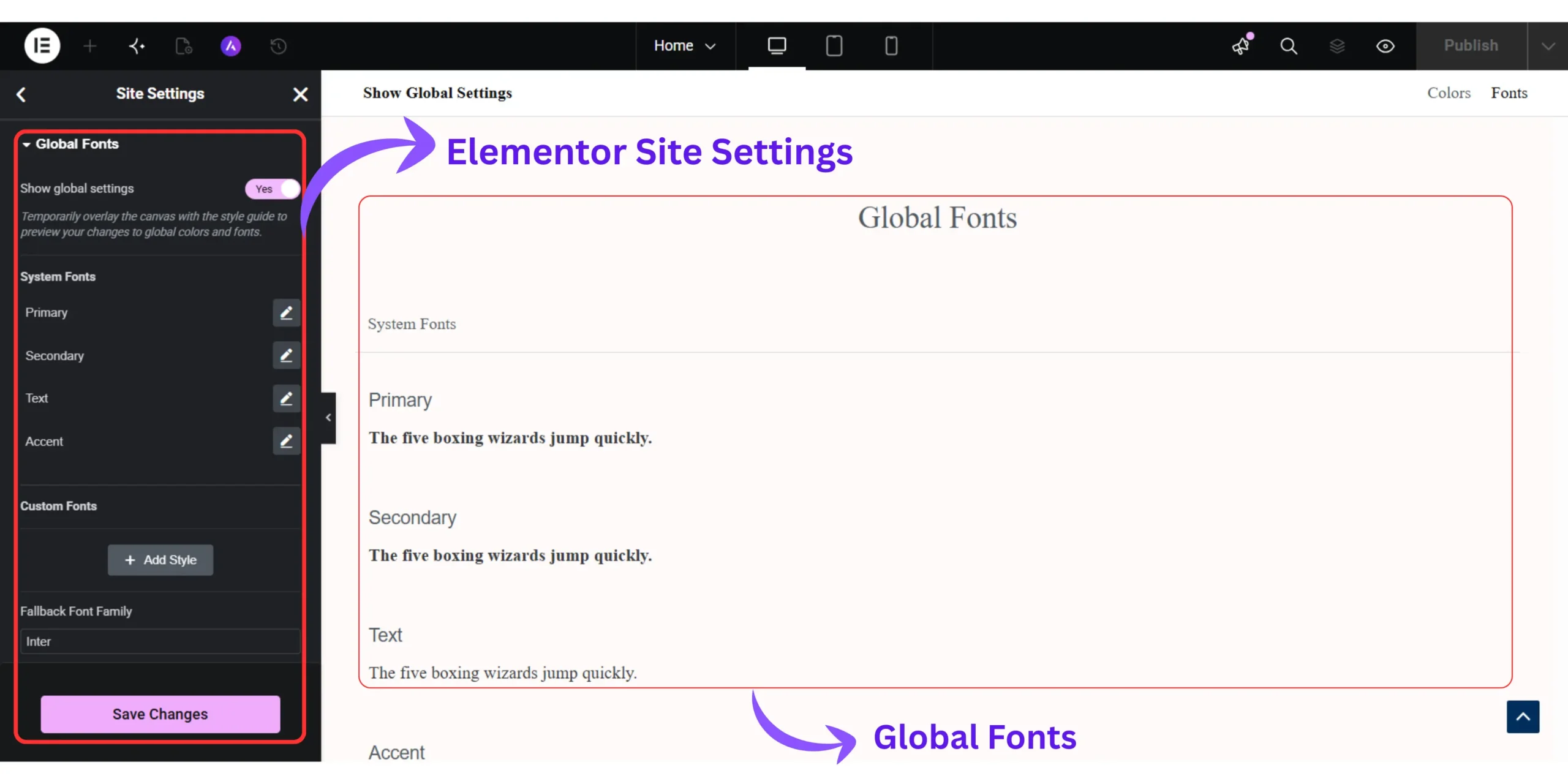 Elementor Site Settings showing Global Fonts used for maintaining a consistent website design.