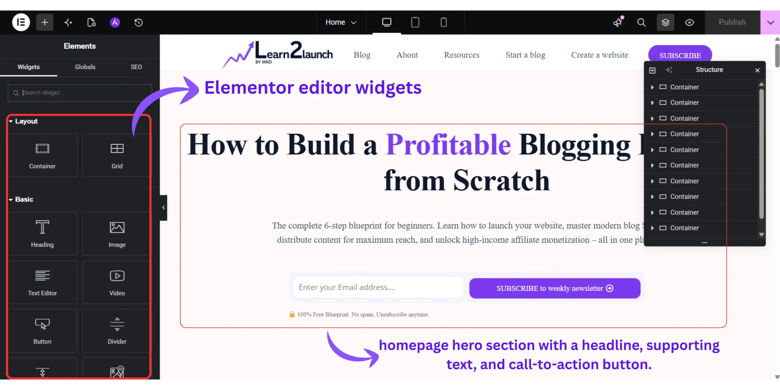 Elementor editor displaying a homepage hero section with a headline, supporting text, and call-to-action button.