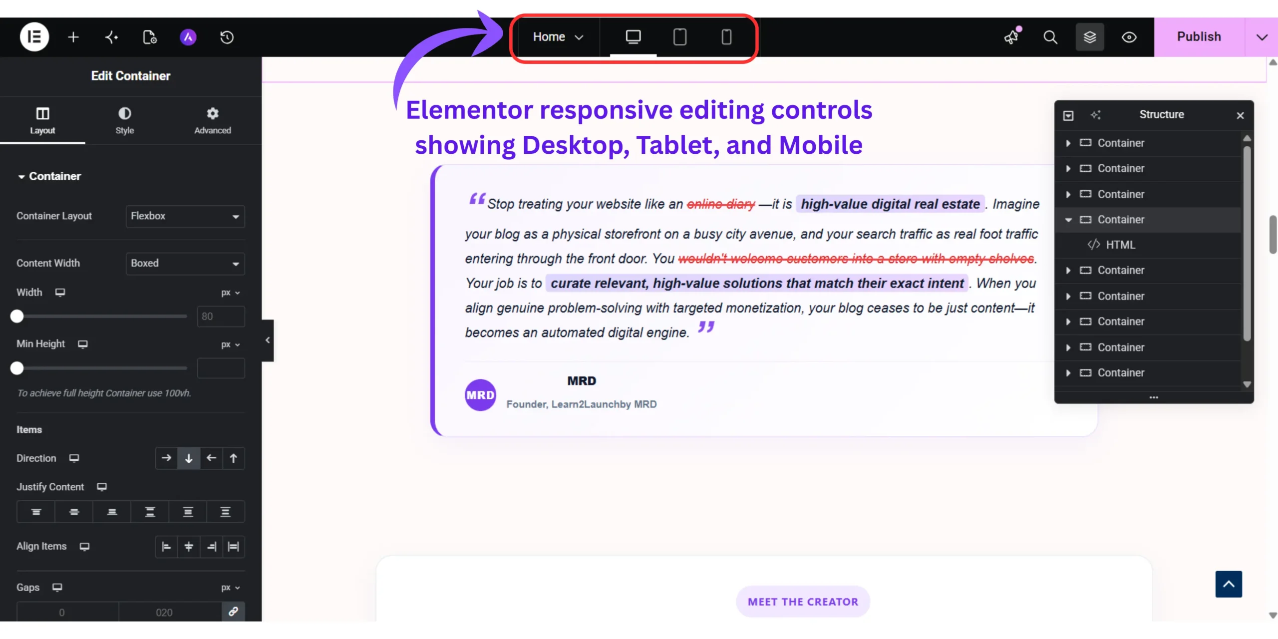 Elementor responsive editing controls showing Desktop, Tablet, and Mobile preview modes.