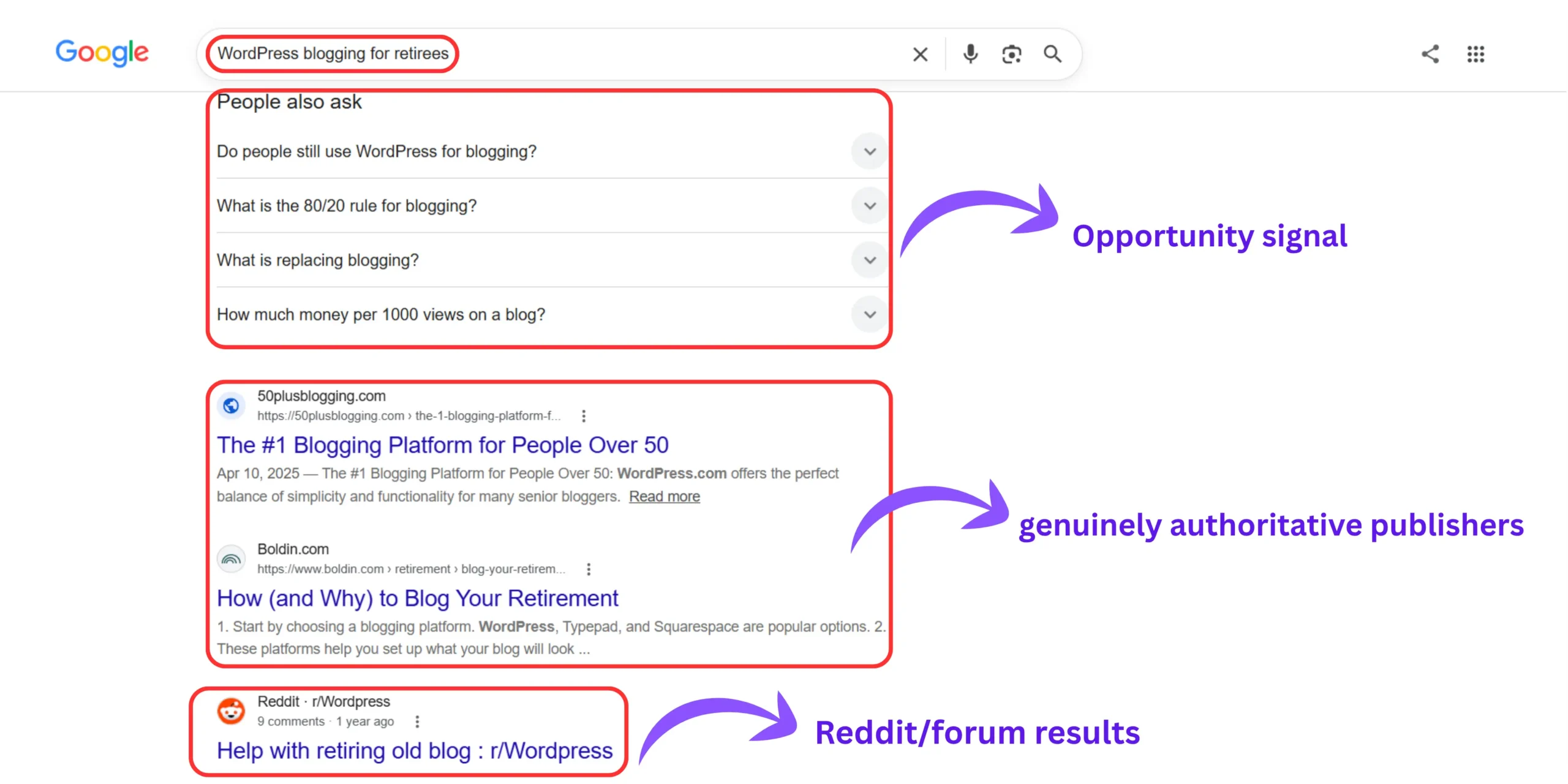 Google search results used for a SERP reality check to evaluate competition, content quality, forum results, and potential opportunities for a blog niche.