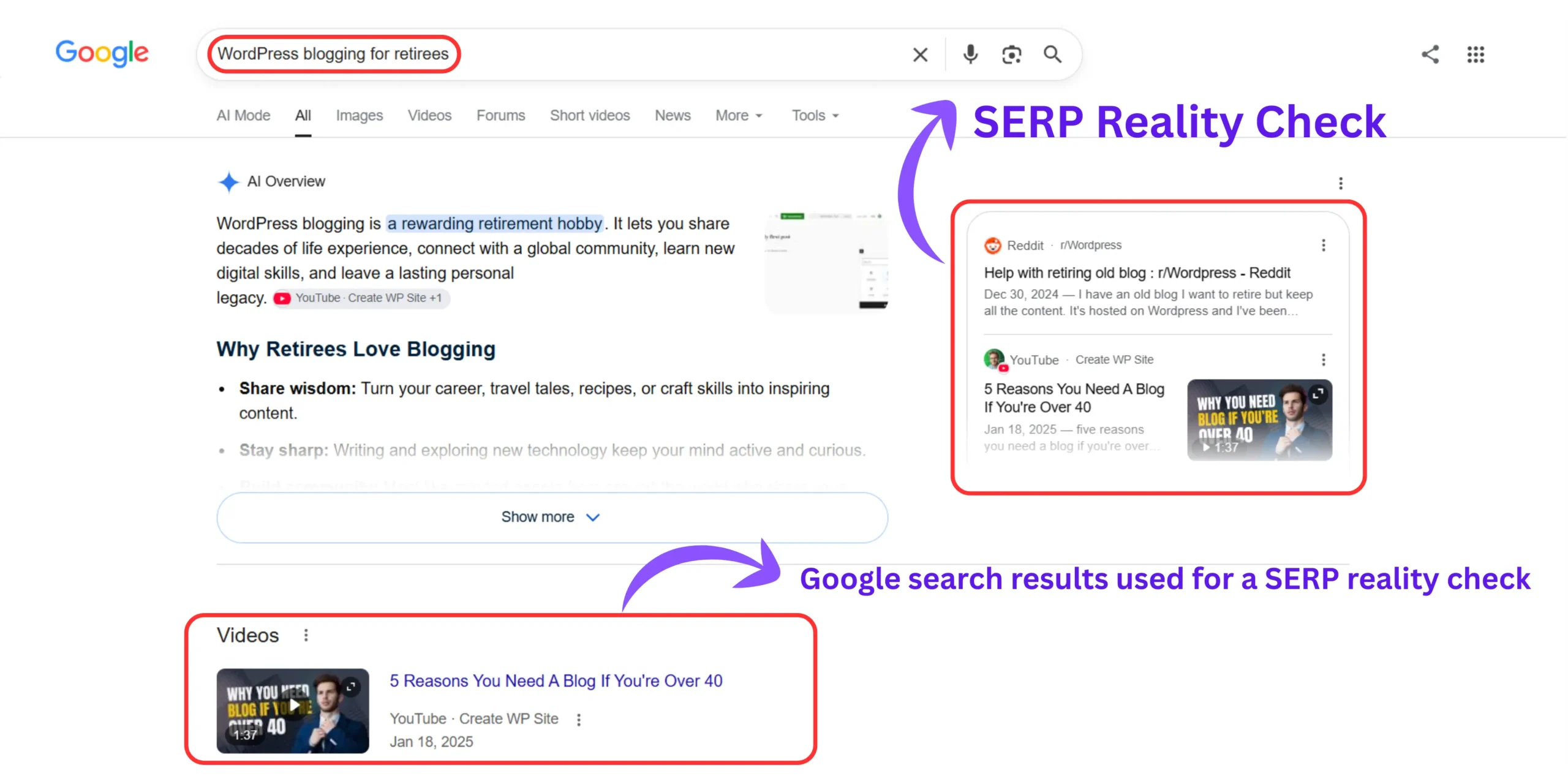 Google search results used for a SERP reality check to evaluate competition, content quality, forum results, and potential opportunities for a blog niche.