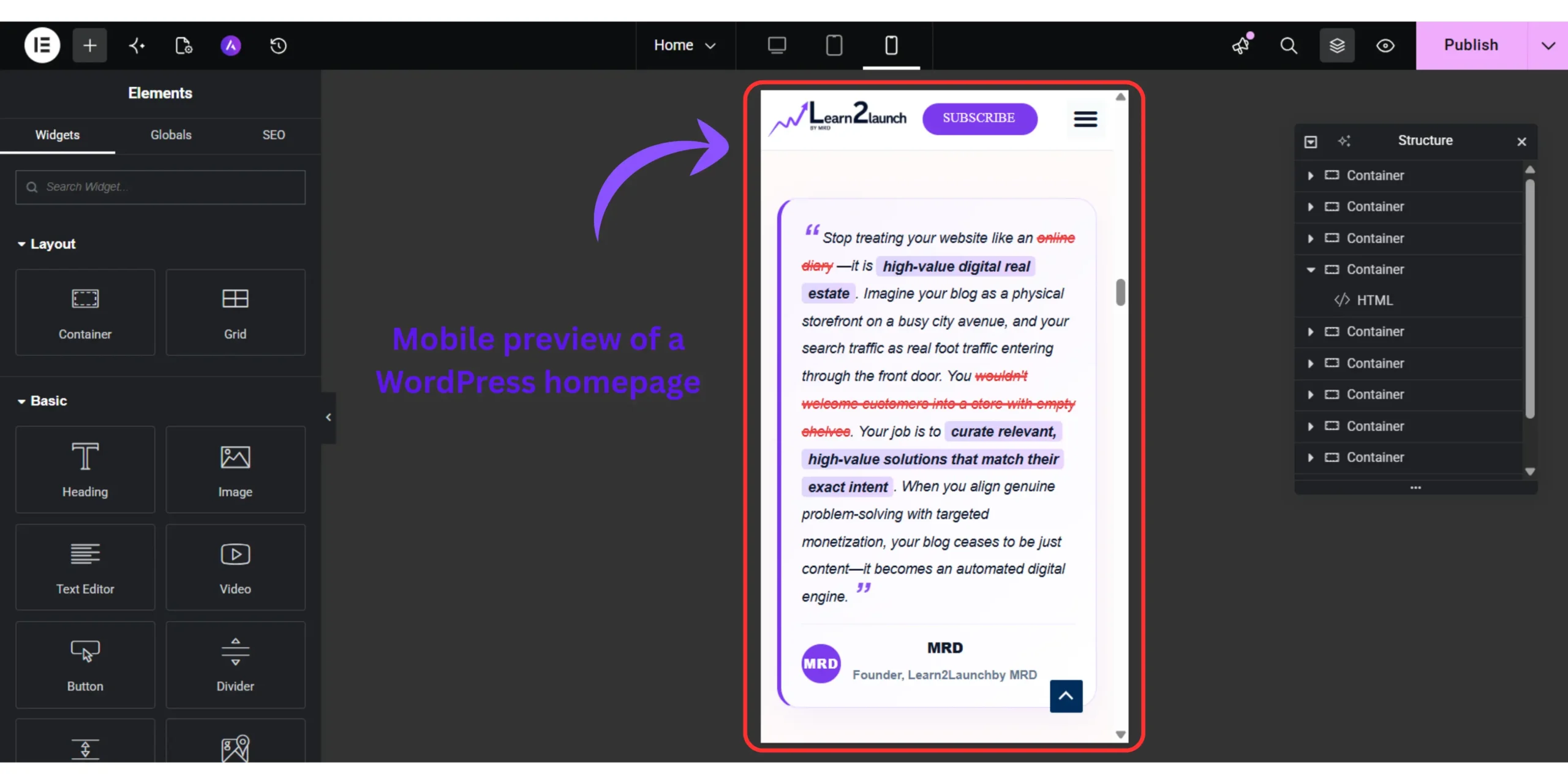 Mobile preview of a WordPress homepage inside Elementor showing responsive layout optimization for smartphones.