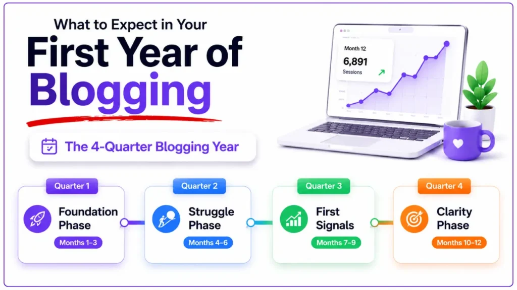What to expect in your first year of blogging illustrated with the 4-Quarter Blogging Year framework showing the Foundation, Struggle, First Signals, and Clarity phases.