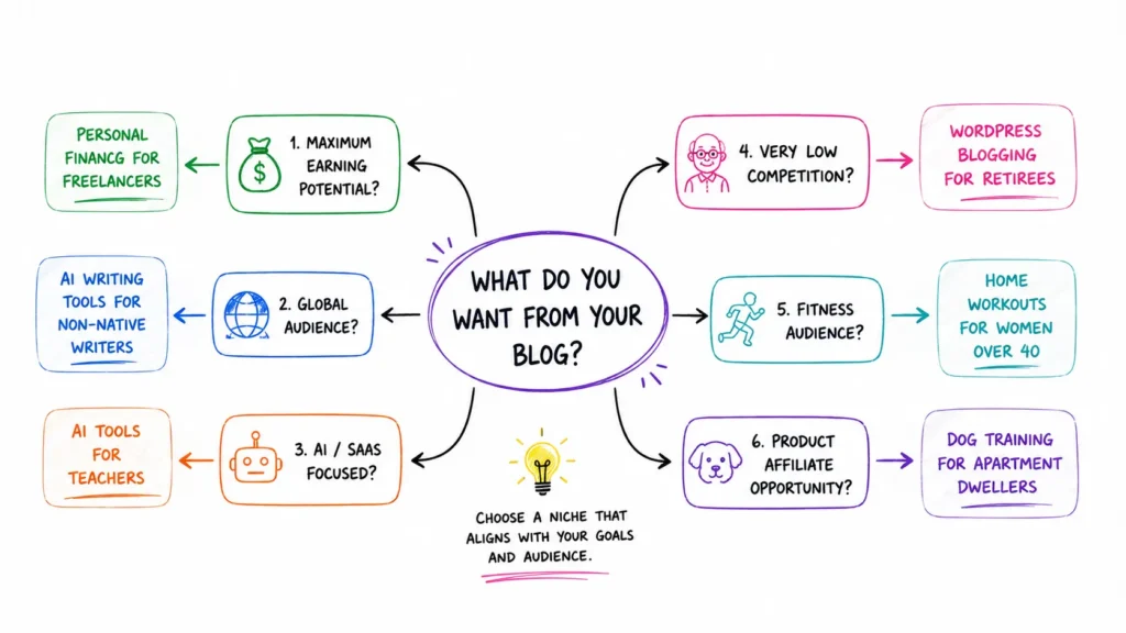 Blog niche decision map helping beginners choose a niche based on earning potential, global audience, AI and SaaS interest, low competition, fitness, or affiliate product opportunities.
