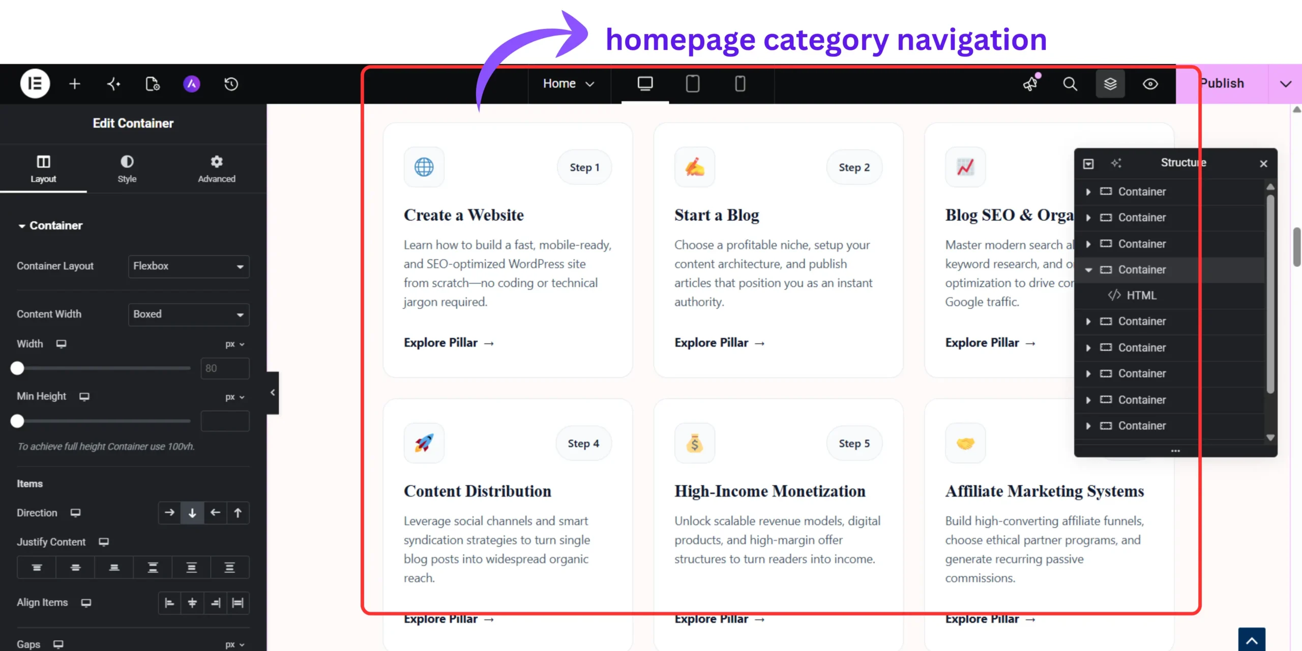WordPress homepage category navigation grid built with Elementor Image Box widgets for improved user experience.