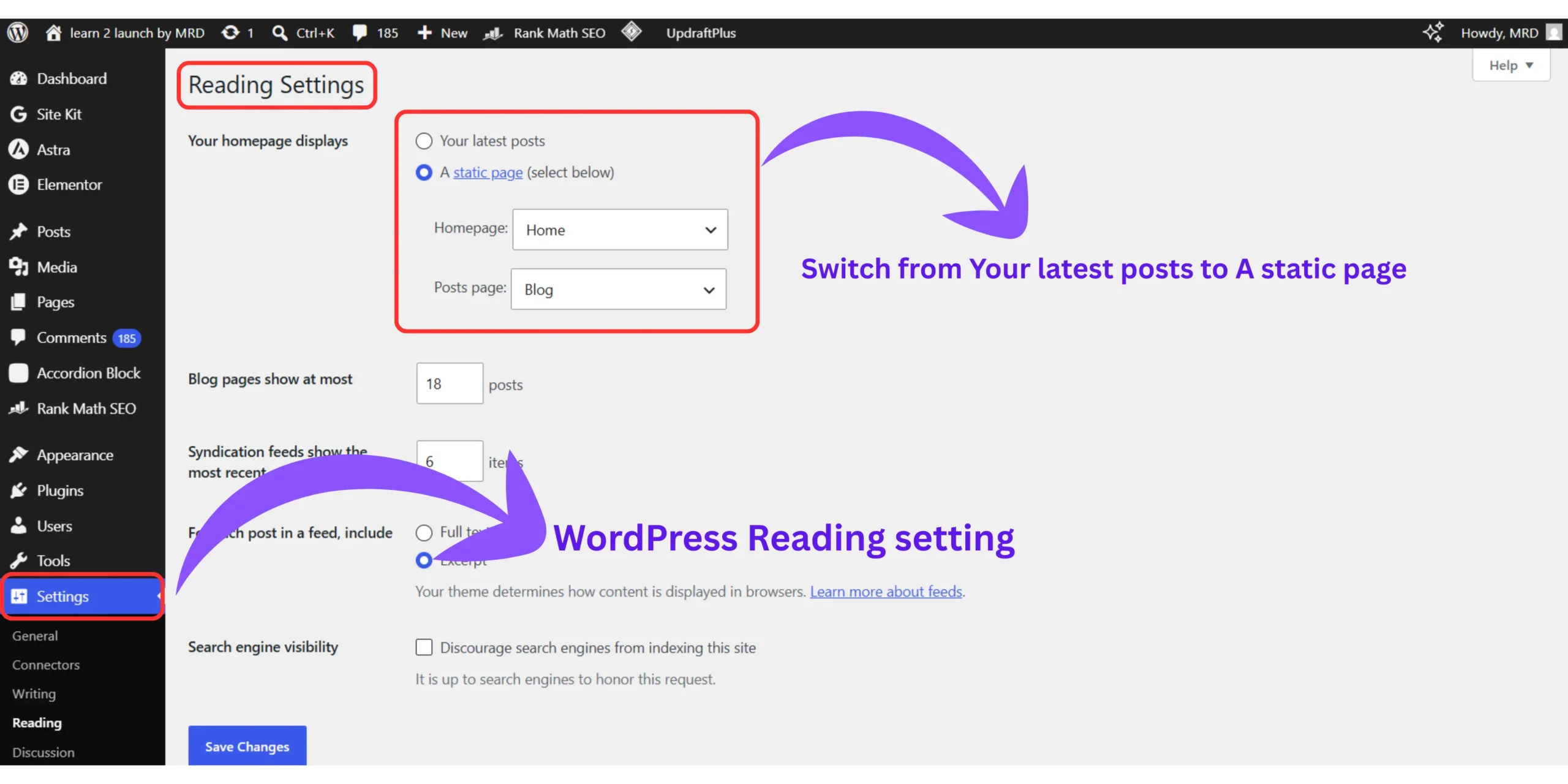 WordPress Reading Settings showing how to assign a static homepage and a separate blog posts page.