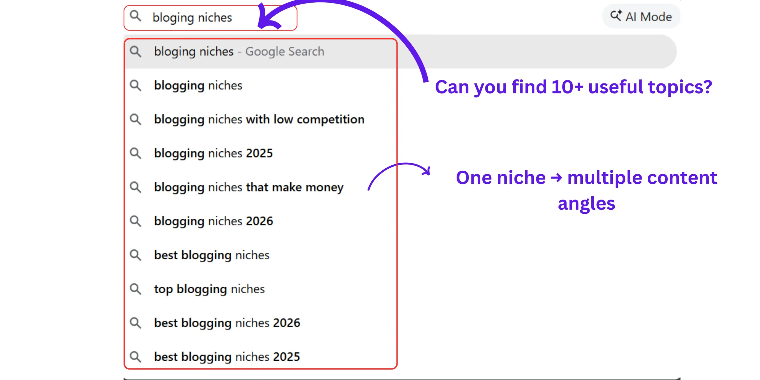Google Autocomplete showing related blog topic ideas for checking whether a niche has enough content angles