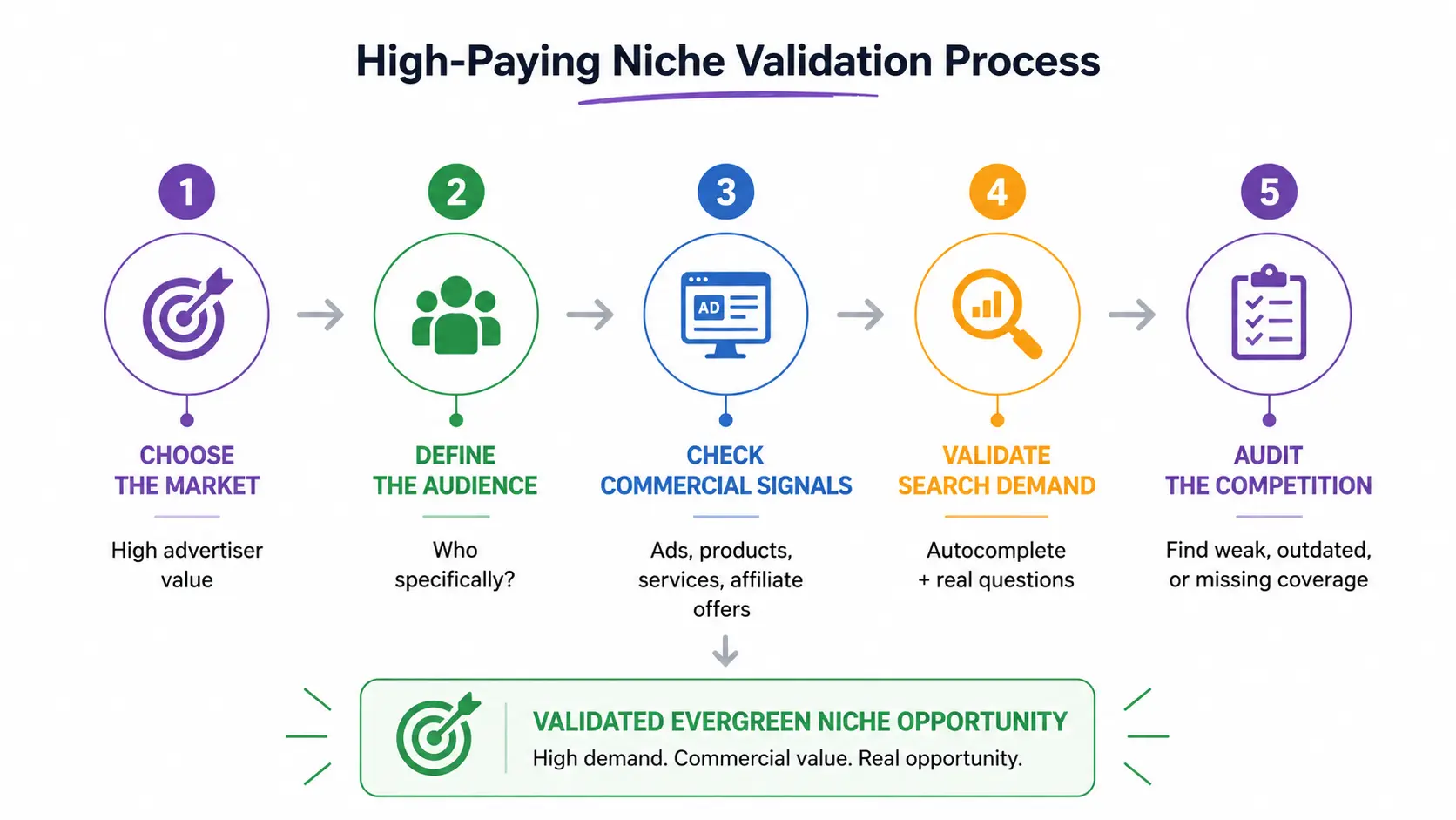 High CPC blogging niches for beginners validation process showing how to choose a market, define an audience, check commercial signals, validate search demand and audit competition