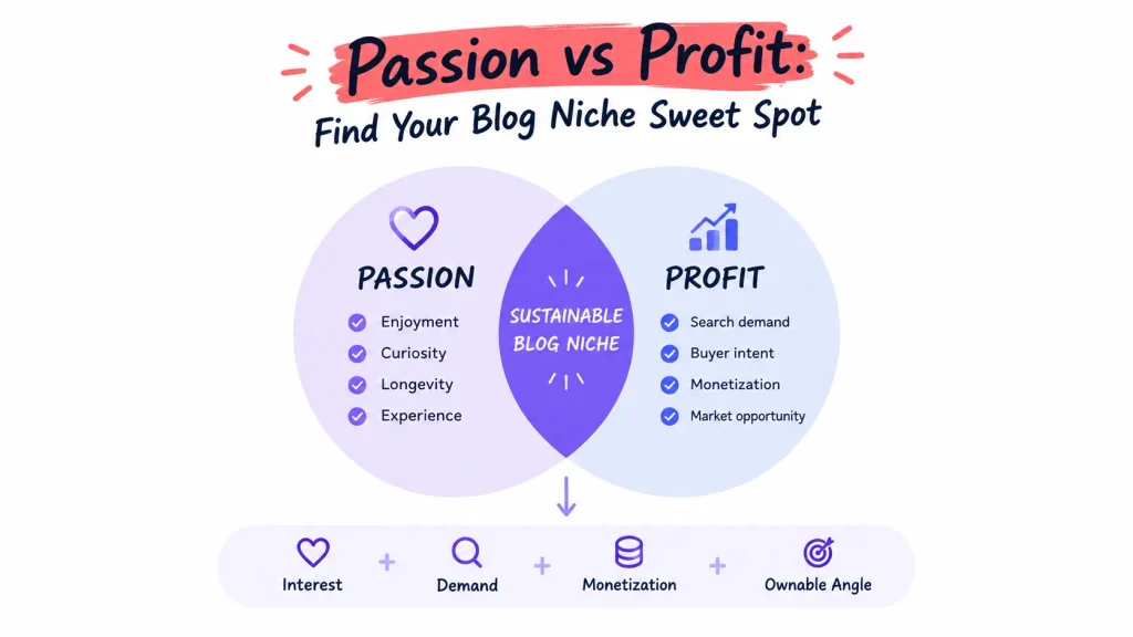 Passion vs profit blogging infographic showing how interest, search demand, monetization, and an ownable angle combine to create a sustainable blog niche